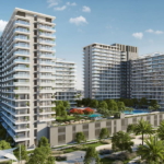 Modern study room setup in a Dubai apartment, featuring minimalist furniture and skyline views.
