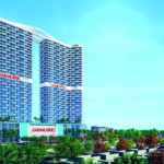 Architectural render of a mixed-use tower in Dubai featuring retail and residential spaces.